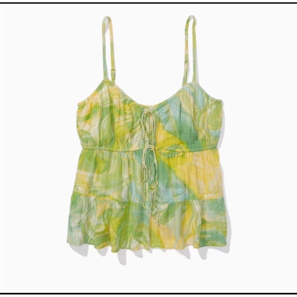 XS Groovy American Eagle Yellow and Green Tie Dye Tie Front Top